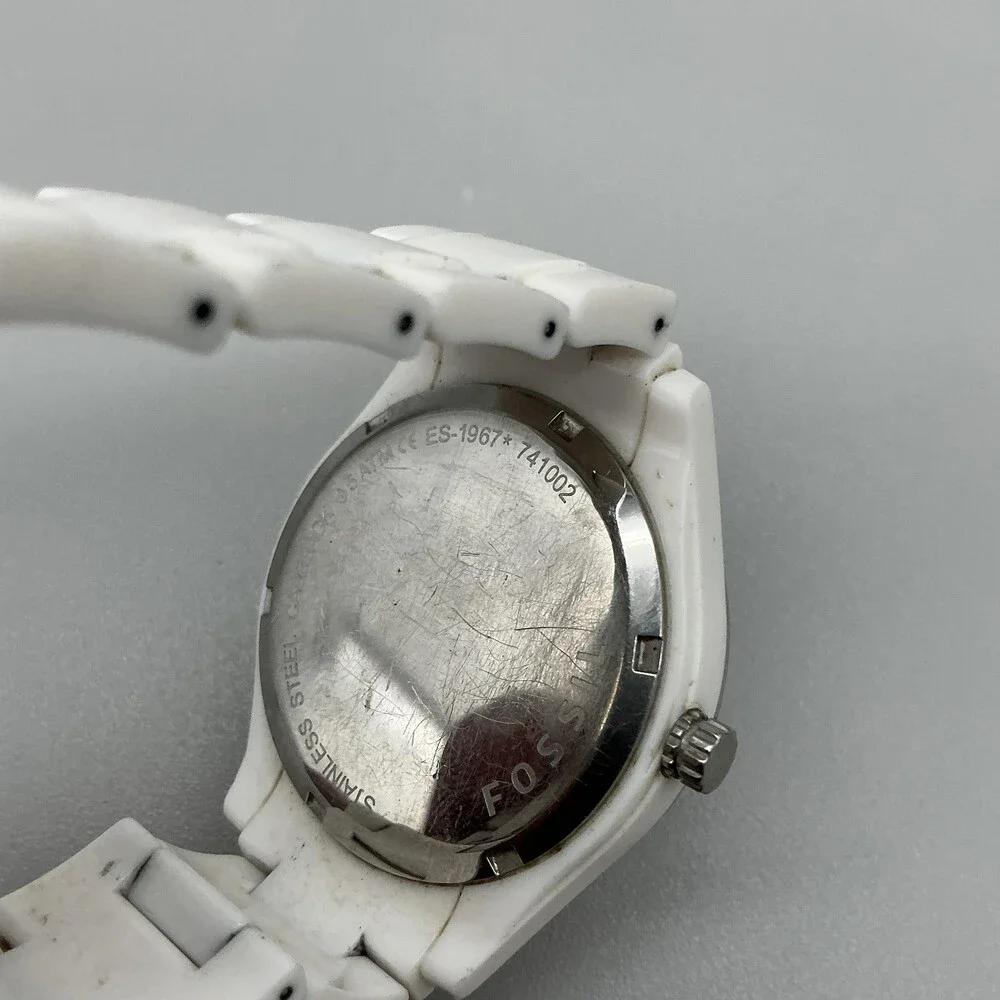 Fossil ES-1967 Womens Watch 38mm White Dial White Resin Crystals New Battery 6